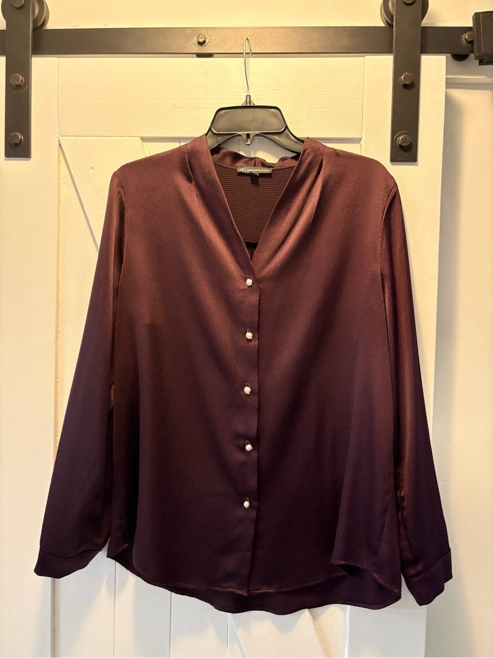 Adrianna Papell Plum Satin Button-Down Blouse